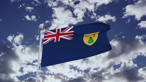 Realistic Turks and Caicos Islands Flag Waving in Blue Sky
