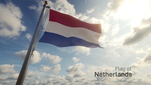 Netherlands Flag Waving in the Wind with Blue Sky and Clouds