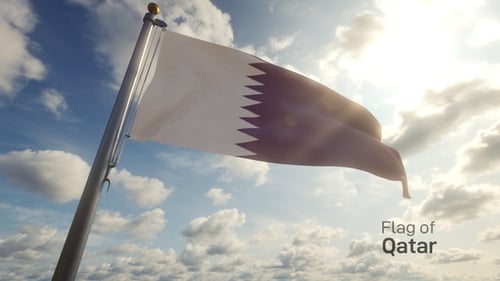 Waving Qatar Flag on Sunny Day with Clouds