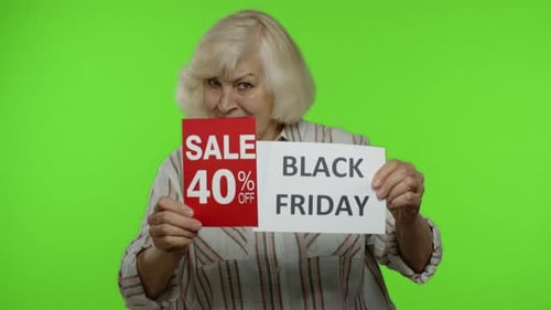 Senior Grandmother Showing Black Friday, 40 Percent Off Discount Advertisement Banners, Chroma Key