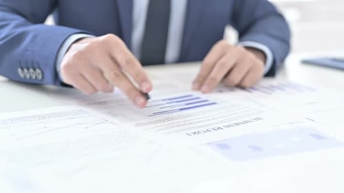 Business Person Analyzing Business Reports with Pen