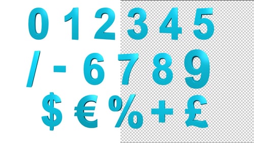 3D Animated Cyan Numbers and Currency Symbols Pack