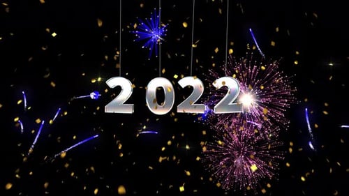 New Year 2022 Celebration with Hanging Metallic Text and Fireworks