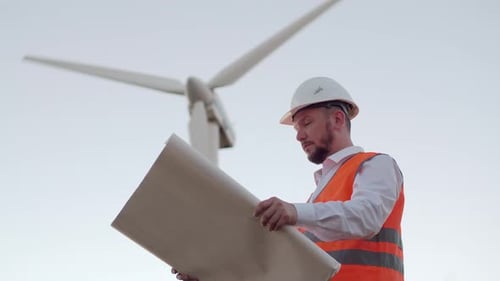 The Engineer a Man in an Orange Vest and White Hard Hat Looks at the Blueprints and Looks at the