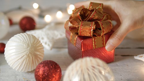 Christmas Ornaments and Wrapped Gift, Close Up