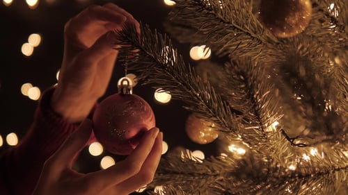 Decorating Christmas Tree with Lights and Ornaments