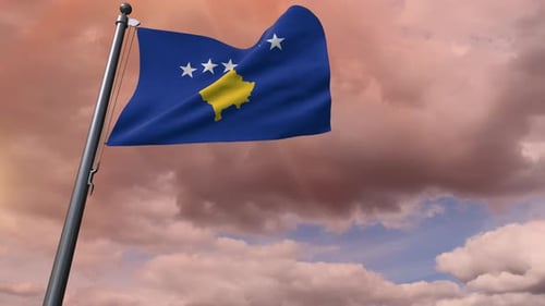 Kosovo Flag Waving on Flagpole Against Cloudy Sky