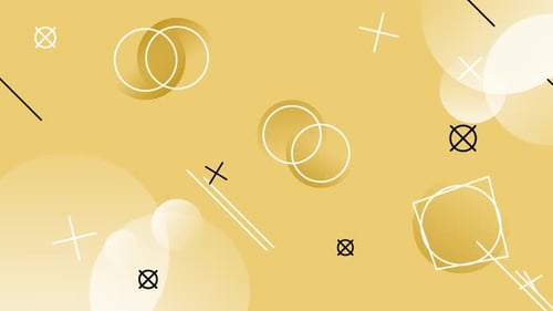 Memphis style with geometric shapes in various vintage colors.