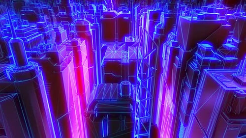 Futuristic Neon Wireframe City Flyover Background