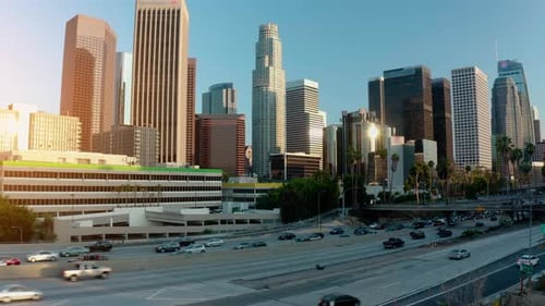 Cinematic urban aerial time lapse of downtown Los Angeles skyline.