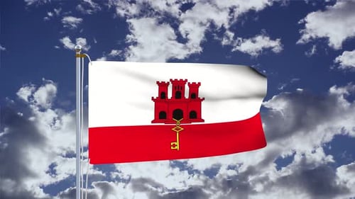 Gibraltar Flag Waving Animation on Blue Sky