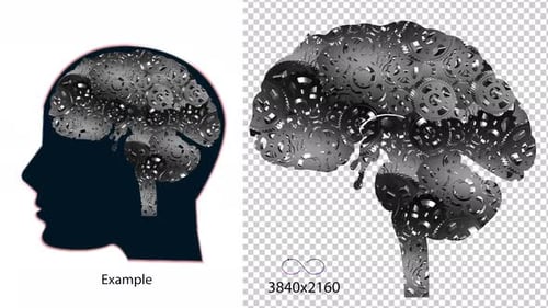 Animated Human Head Silhouette with Spinning Gears Brain