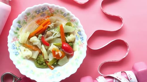 Vegetable Dish with Exercise Equipment on Pink Table