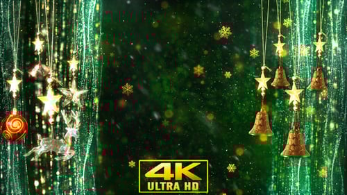 Sparkling Christmas Ornaments and Bells with Festive Green Background