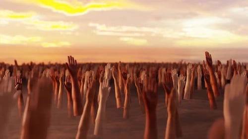 Diverse Hands Rising from Ground at Sunset Animation