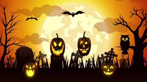 Animated Halloween Graveyard Scene with Moon, Bats and Jack-o'-Lanterns