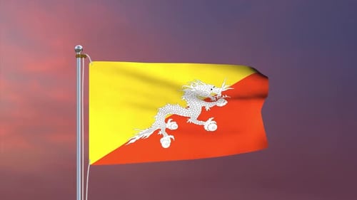 Bhutan Flag Waving Animation with Sunset Sky Background