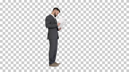 Businessman standing and reading docs seriously, Alpha Channel