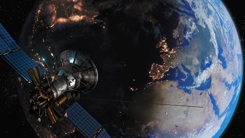 Satellite Orbiting Earth, City Lights at Night