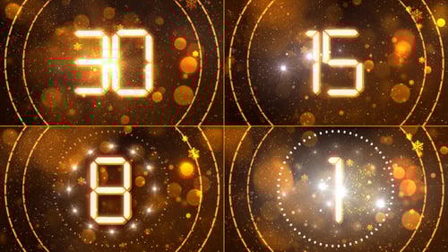 Golden Glowing Digital Countdown with Festive Snowflakes