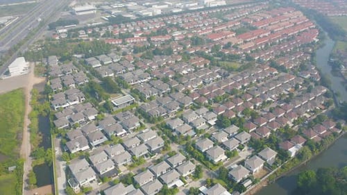 Aerial view of residential neighborhood. Urban housing development from above