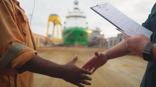 Marine Contractor Businessman Handshaking with Worker on the Ship