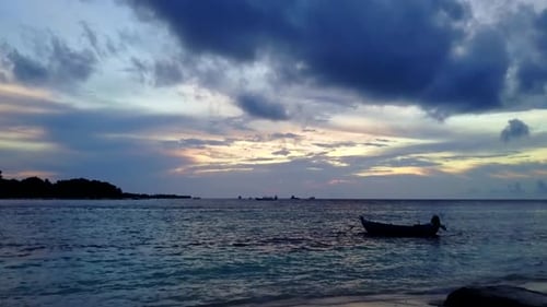 Drone aerial scenery of island beach journey by clear water and sand background