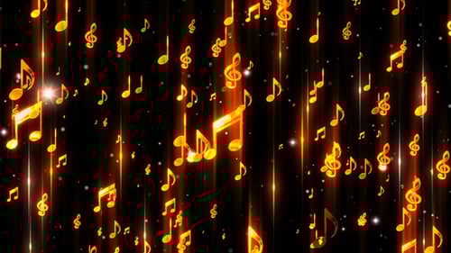 Golden Musical Notes Falling with Sparkling Light Streaks