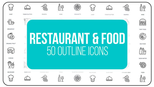 Restaurante y deporte - 50 Íconos de línea delgada