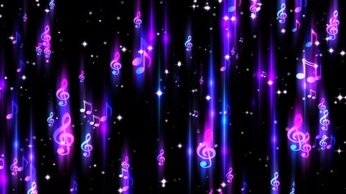 Falling Neon Music Notes and Stars Background