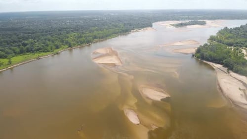 Aerial High Altitude Flight Over Drought River In Europe
