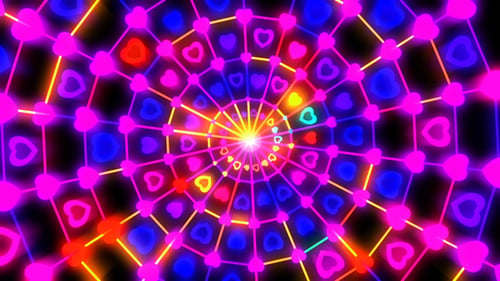 Abstract Neon Glowing Hearts Tunnel Animation Background