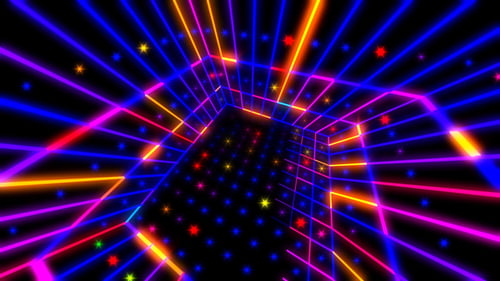 Neon Grid Tunnel with Stars Abstract Looping Background