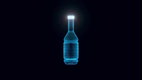 Futuristic Holographic Wireframe Bottle with Glowing Scan Animation