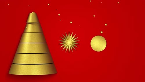 Noël, animation abstraite d'un arbre doré et de flocons de neige sur fond rouge