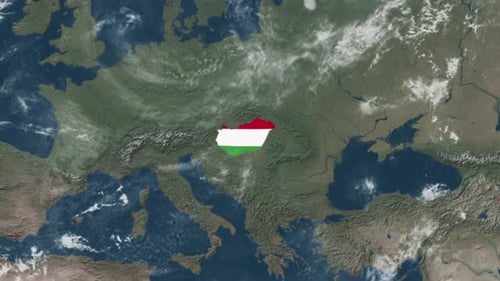Realistic Earth Zoom into Hungary Map with Flag Reveal