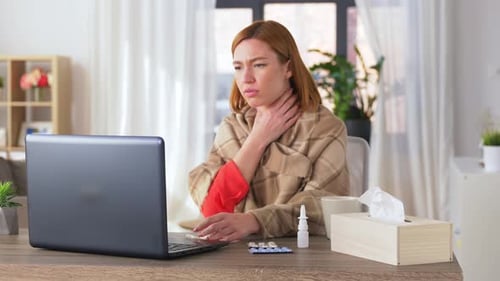 Woman with Cold Telehealth Consultation at Home