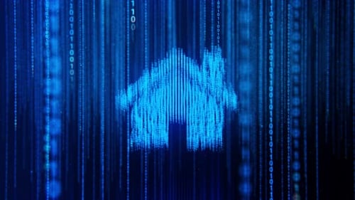 Blauer Binärcode, Matrixcode, fallende digitale Symbole mit Haussymbol