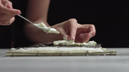 Lady Preparing Sushi Roll People with Favorite Dish Japanese Food Concept
