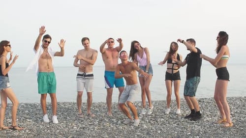 Des amis dansent sur la plage sous le soleil couchant, s'amuser, s'amuser, profiter