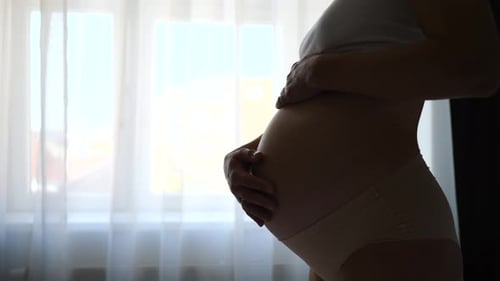 Close Up Of Silhouette Of Woman Touching Pregnant Belly.