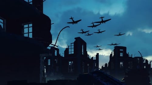 Silhouettes of Airplanes Flying Over a Destroyed City at Dusk