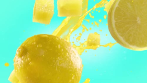 Dynamic Lemon and Lime Fruit Splash with Yellow Liquid