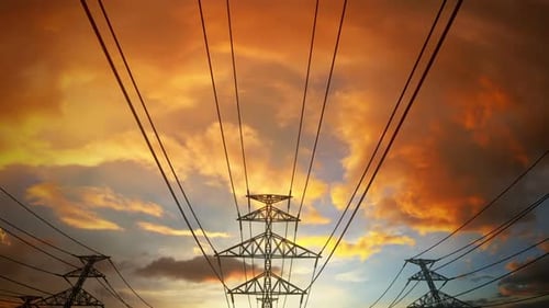 Animated Power Lines and Pylons at Sunset