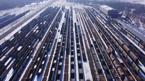 Train Rows in a Depot in Winter