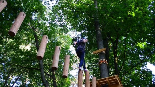 Person Balancing on Forest Rope Bridge Adventure Course
