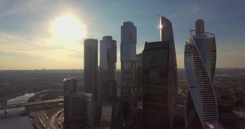 Aerial View of Moscow International Business Center at Sunrise When Sun Is Behind Clouds. Moscow