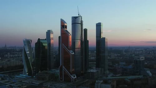 Aerial Evening Moscow Cityscape with Business Centre, Russia
