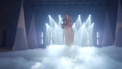 Singer Performs on Stage Amidst Atmospheric Lighting