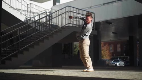 Stylish Caucasian Man Street Dancer Dancing Break Dance Background Urban Architecture